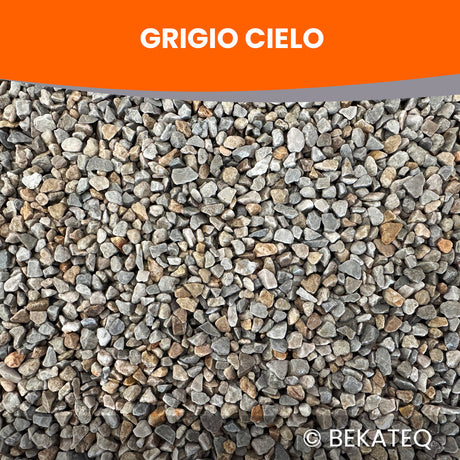 Kieselsteine von Bekateq, Produktname Grigio Cielo, Nahaufnahme.
