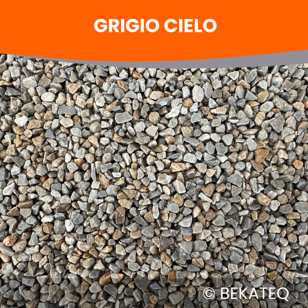 Kieselsteine von Bekateq, Grigio Cielo, Nahaufnahme.
