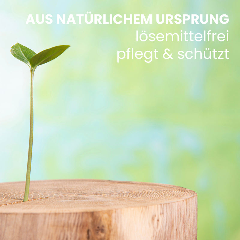 Keimling auf Holzstumpf, Text: "Natürlich lösemittelfrei pflegt &amp; schützt".