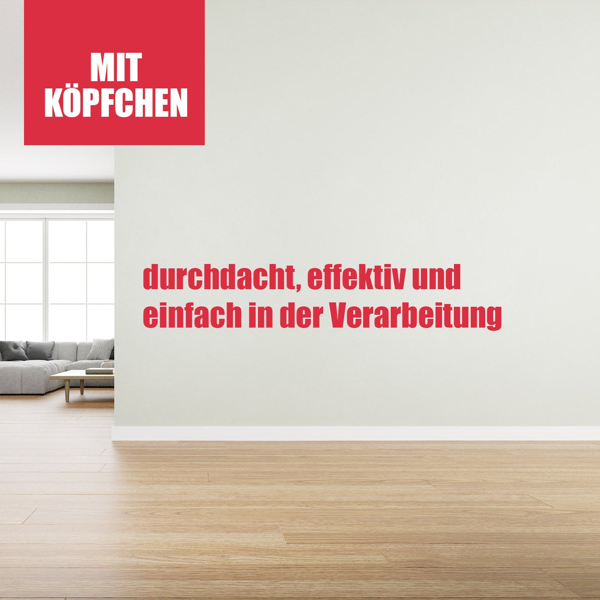 Leerer Raum, roter Text, Holzboden.