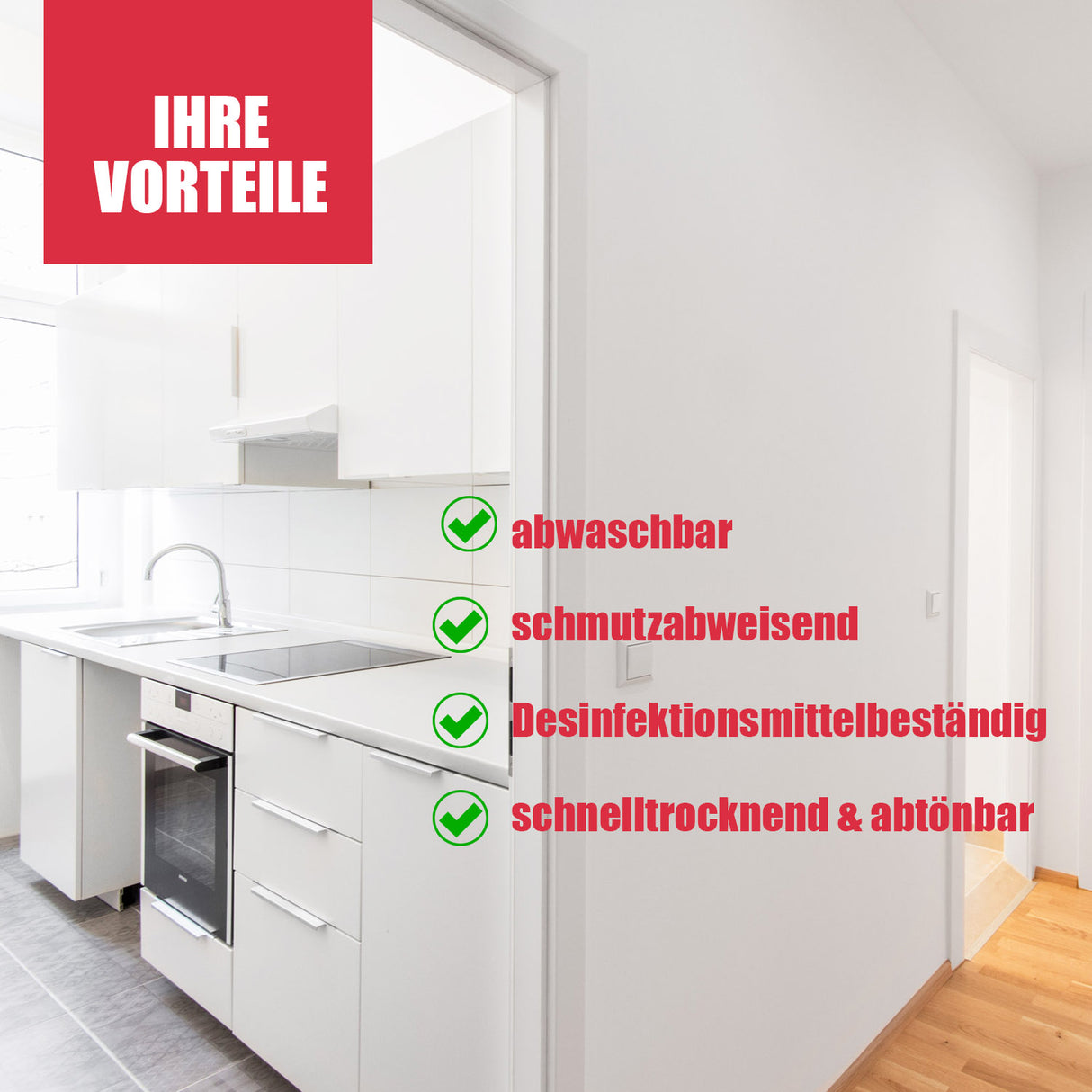 Moderne Küche mit Produkteigenschaften-Text.