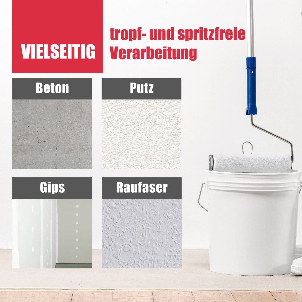 Farbroller, Eimer, verschiedene Oberflächen.