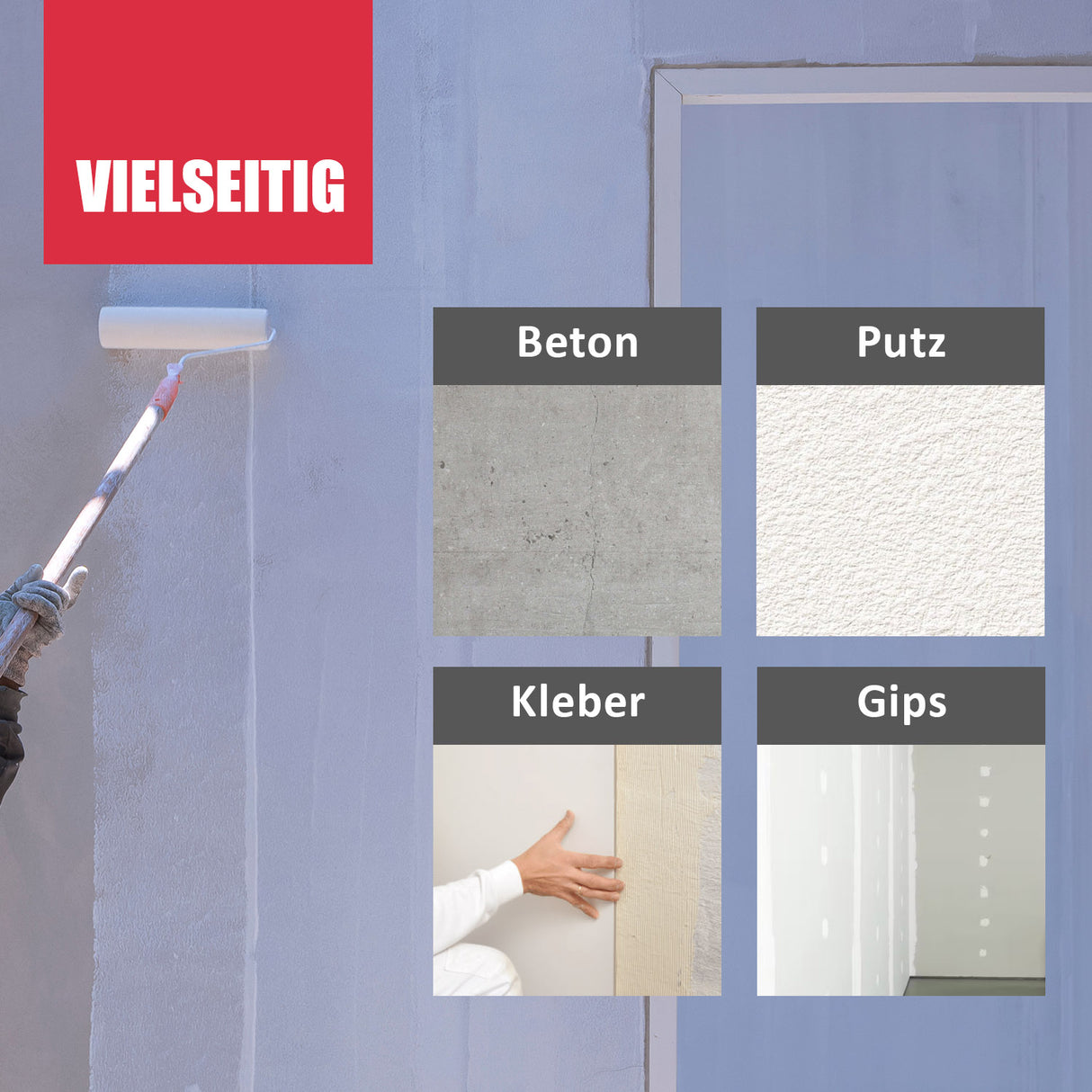 Maler streicht Wand, Materialoptionen gezeigt.