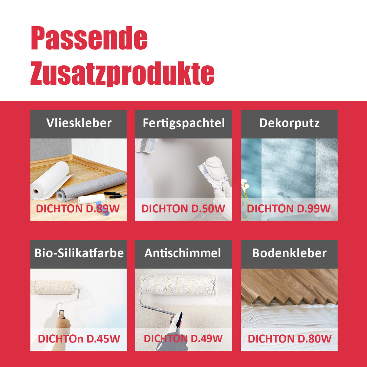 Sechs Produkte für Bauanwendungen.