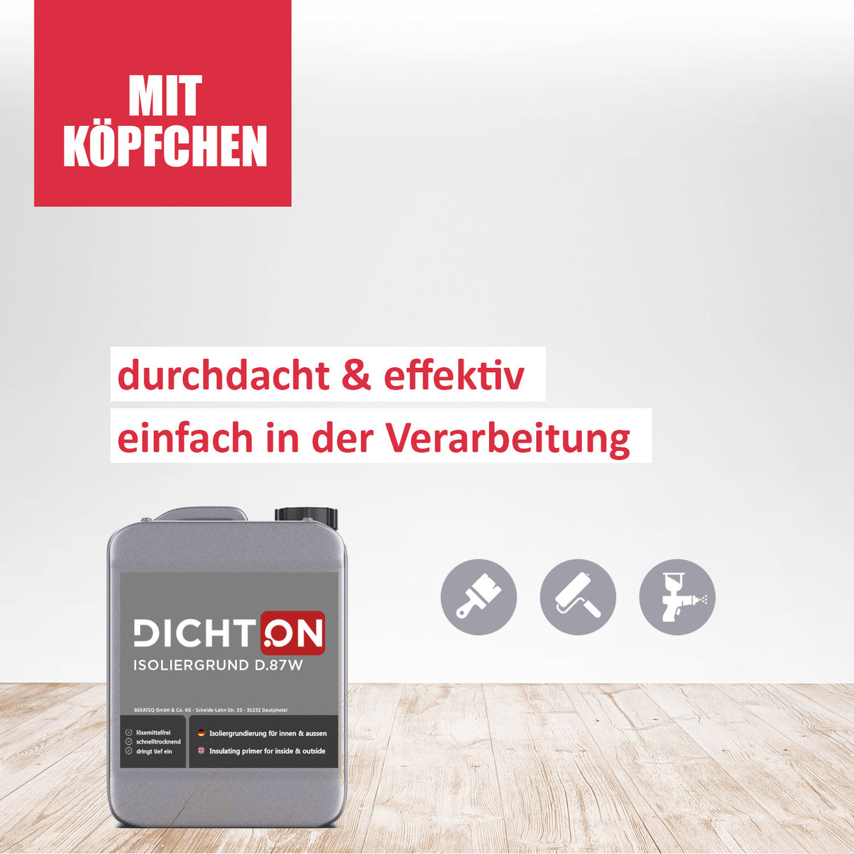 Kanister mit Text und Symbolen.