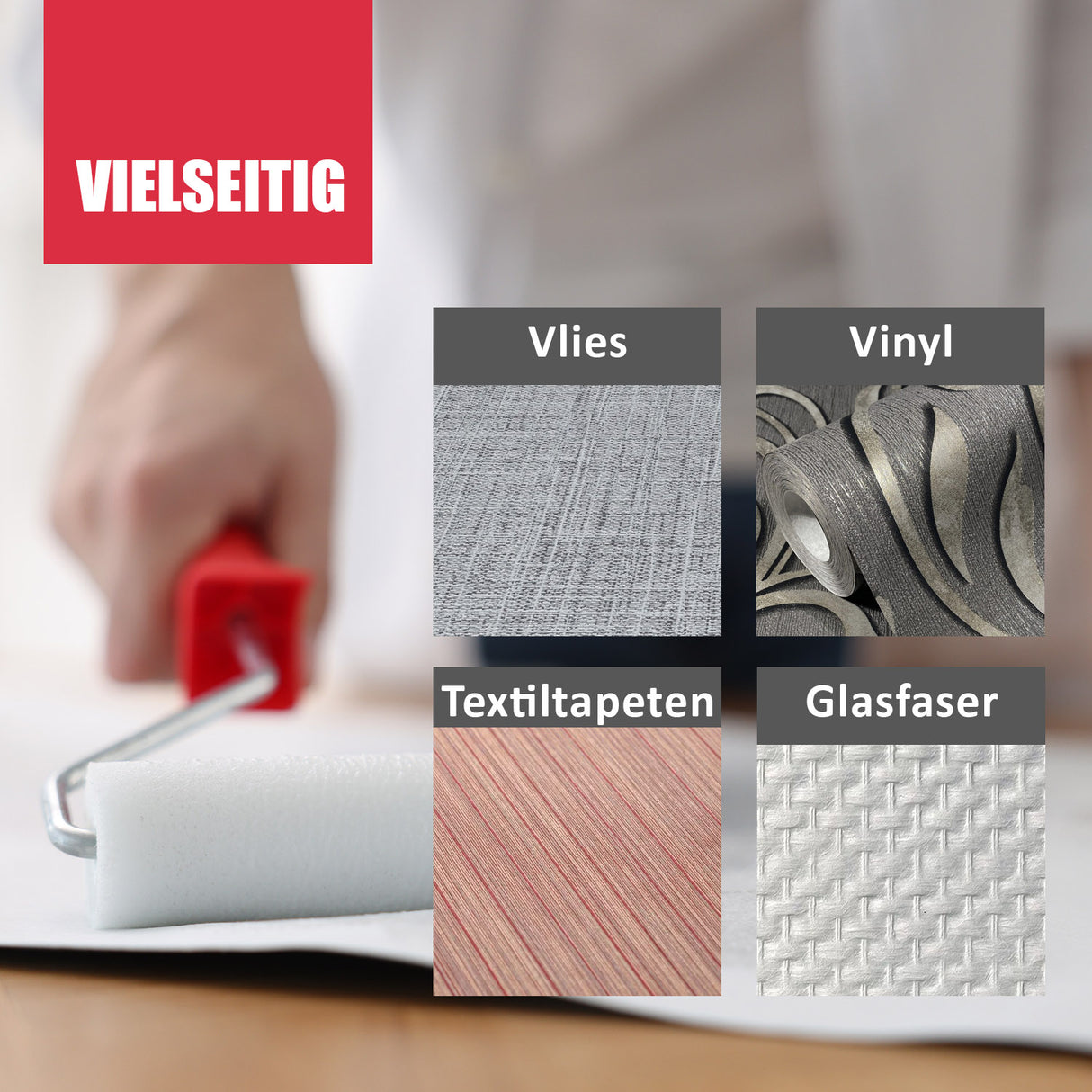 Farbroller und verschiedene Tapetenarten.
