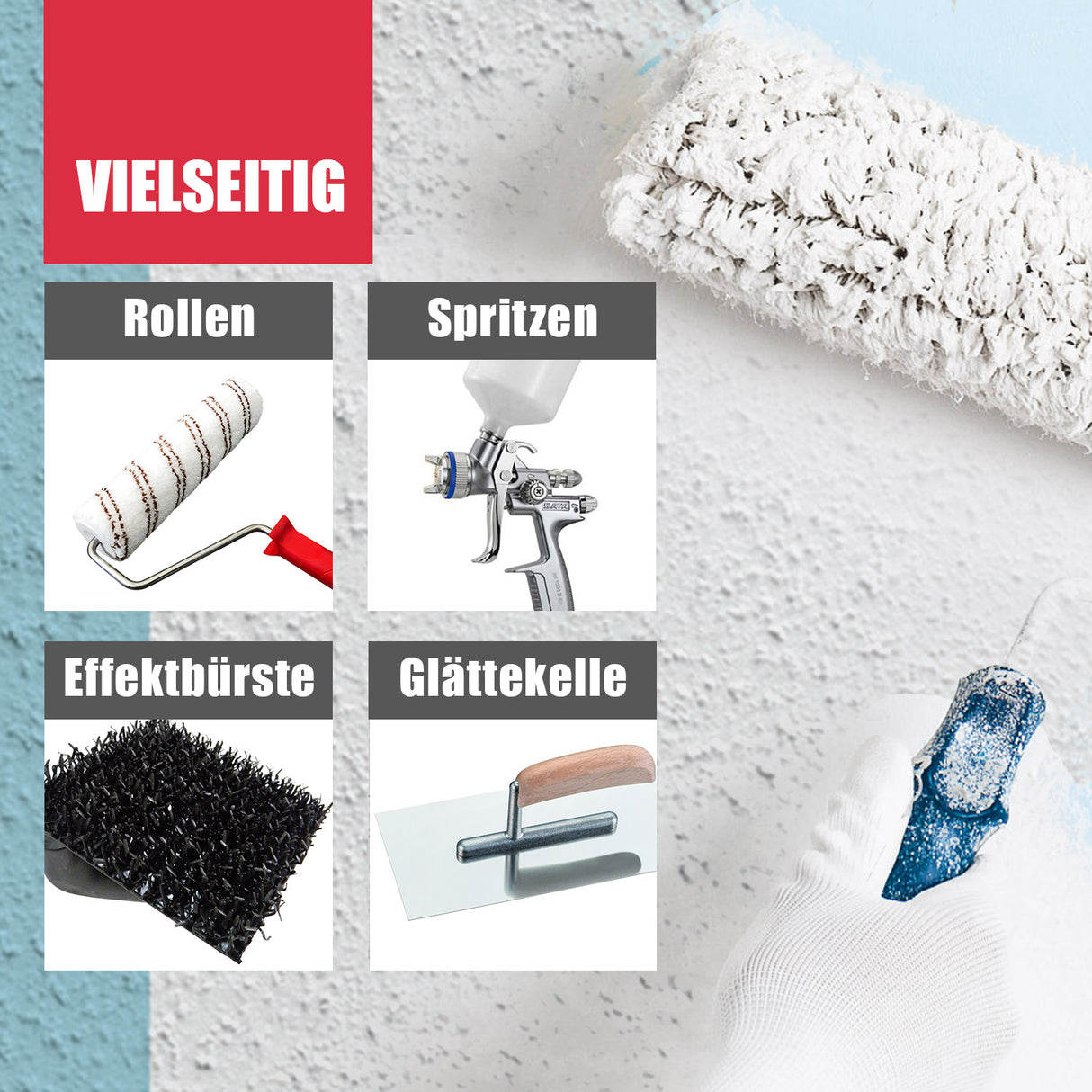 Werkzeuge für Malerarbeiten und Beschichtungen.