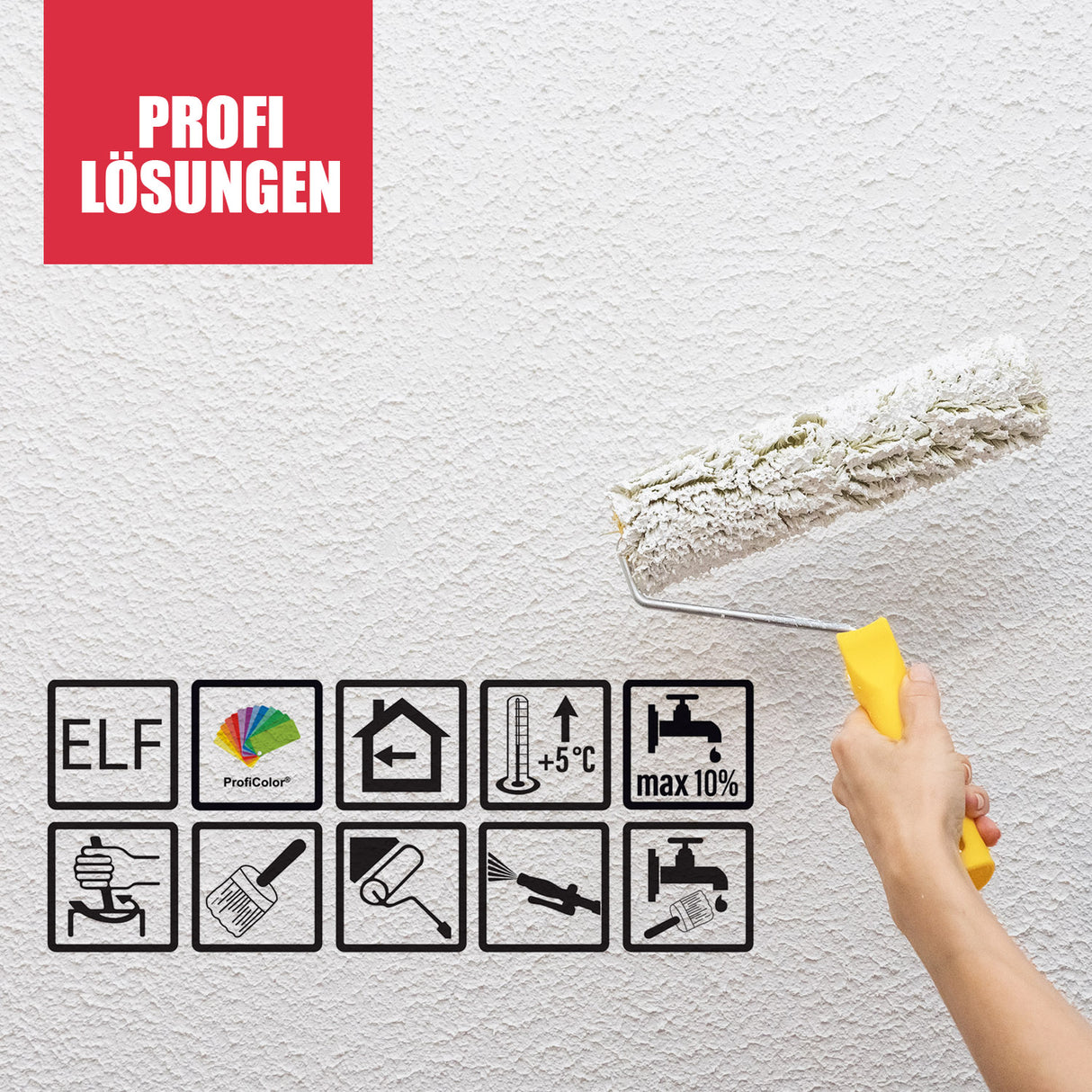 Farbrolle streicht weiße Wand.