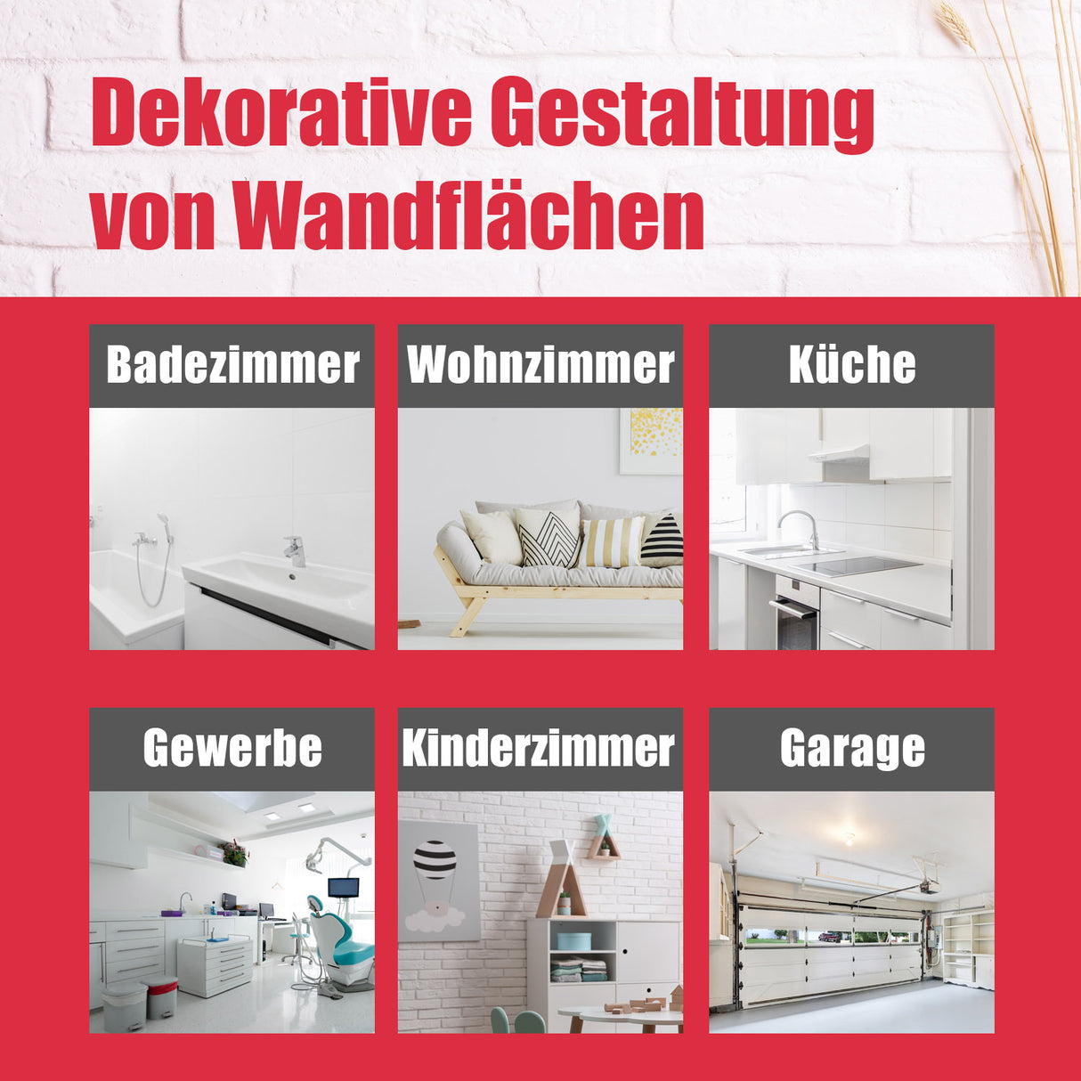 Dekorative Wandgestaltung in verschiedenen Räumen.