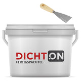 Farbeimer mit Spachtel und Logo.