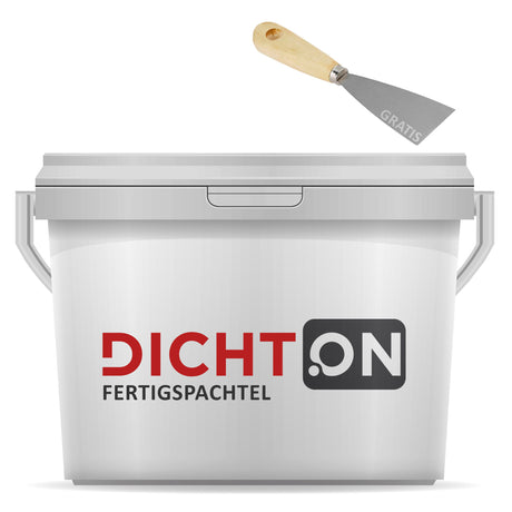 Farbeimer mit Spachtel und Logo.