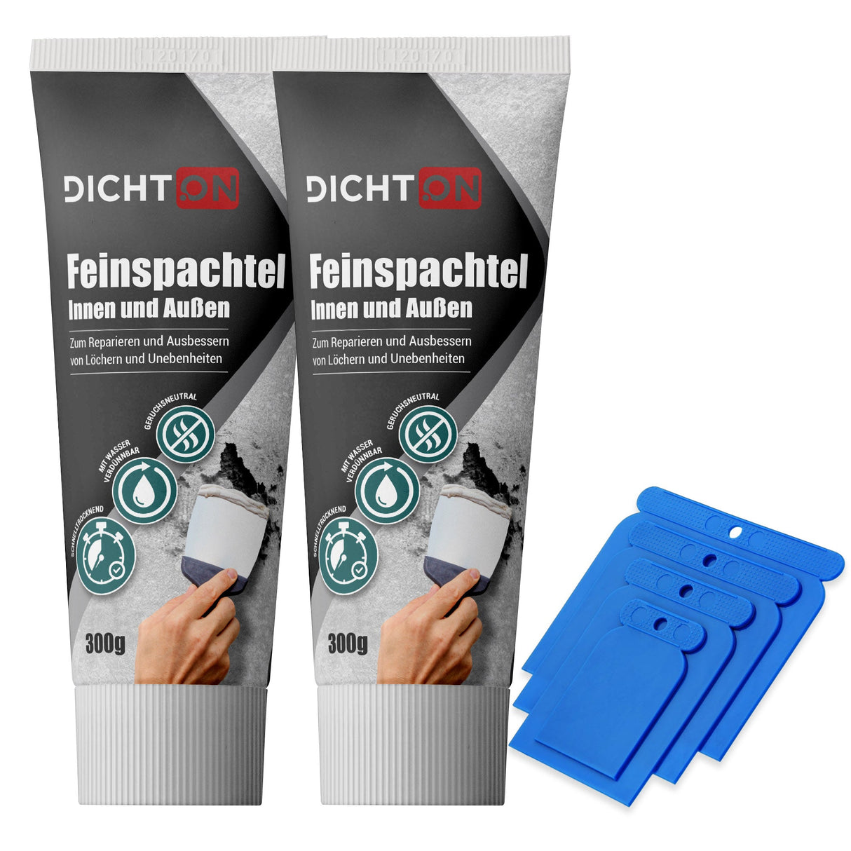 Feinspachtel-Tuben und blaue Spachtel.