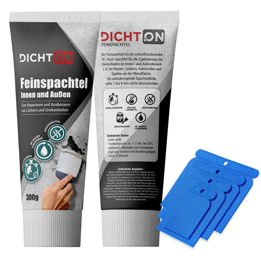 Feinspachtel-Tuben und blaue Spachtel.