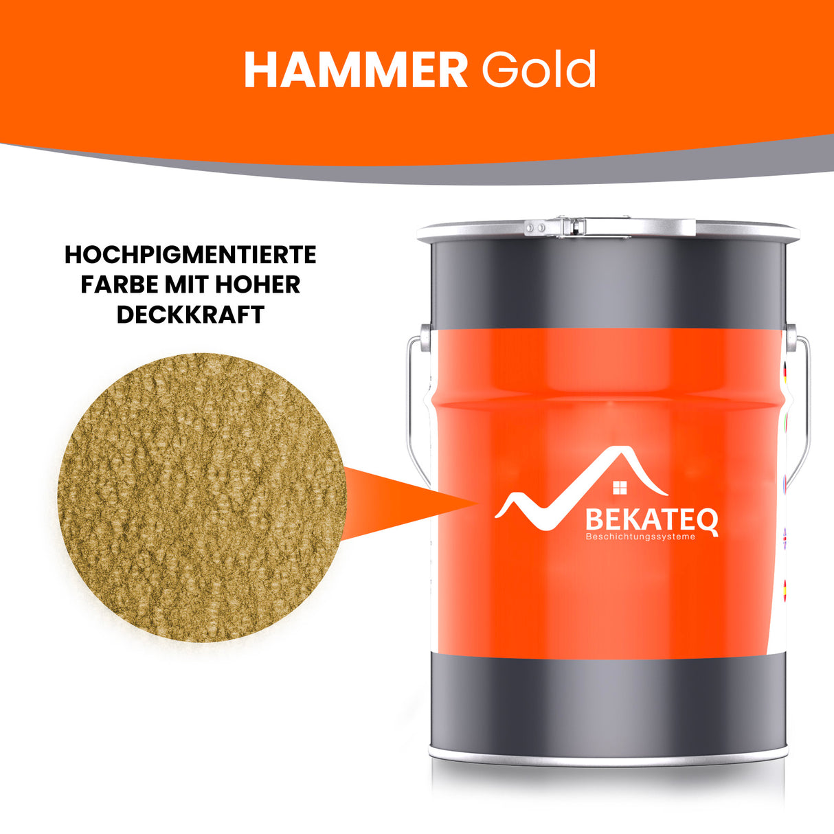 Farbeimer mit goldener Pigmentprobe.