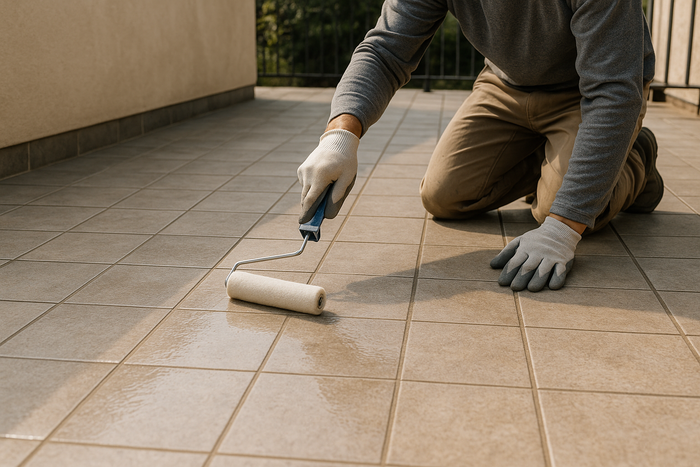 grundierung farblos terrasse fliesenboden mit farbrolle