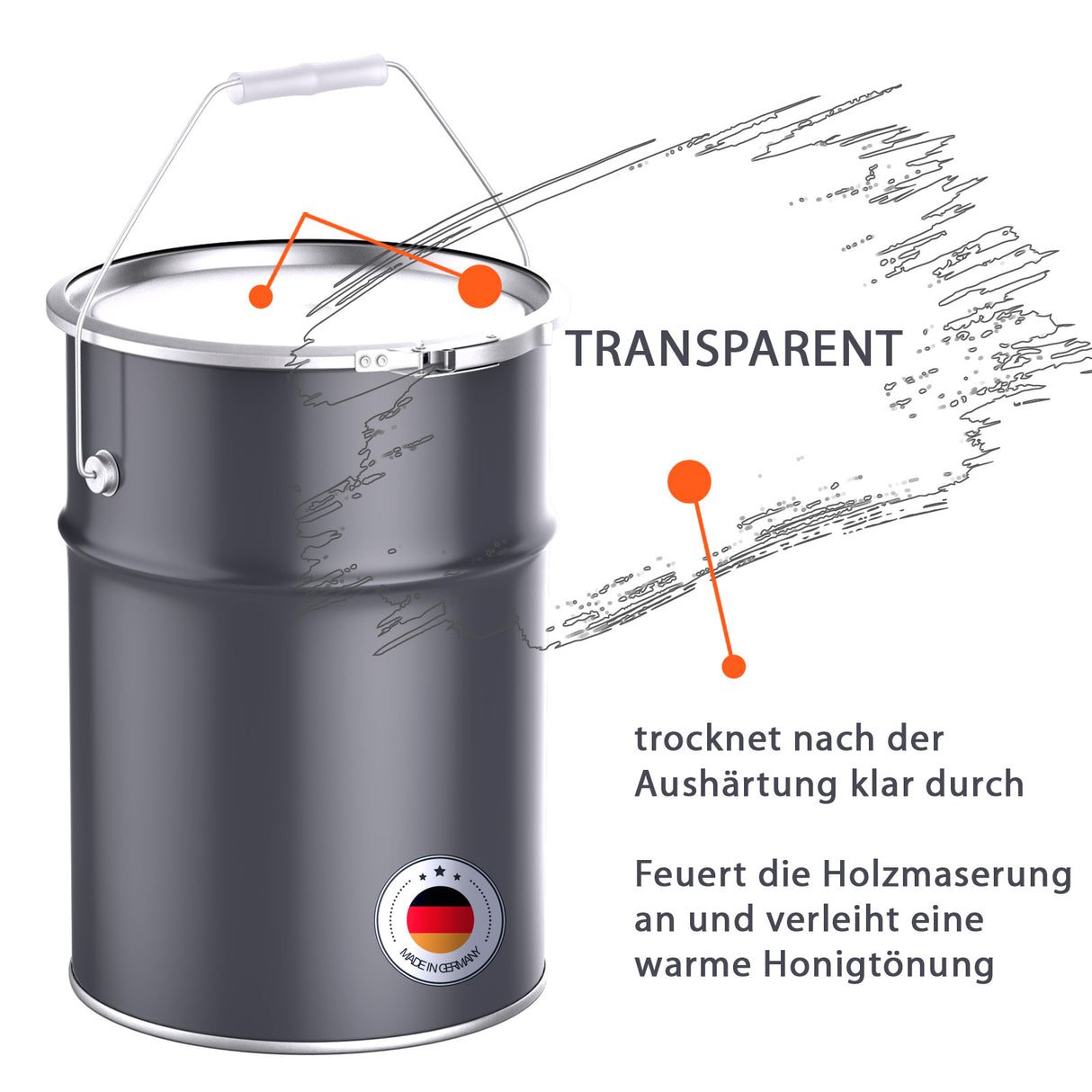 Farbeimer mit transparentem Lack.