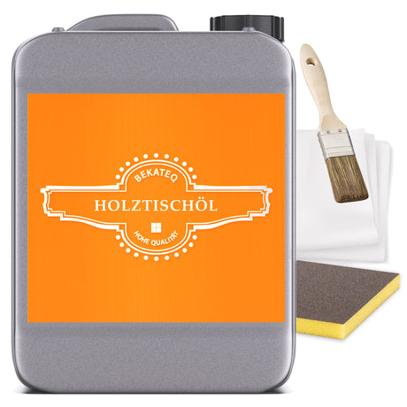 Kanister, Pinsel, Schwamm, Tuch, Holztischöl.