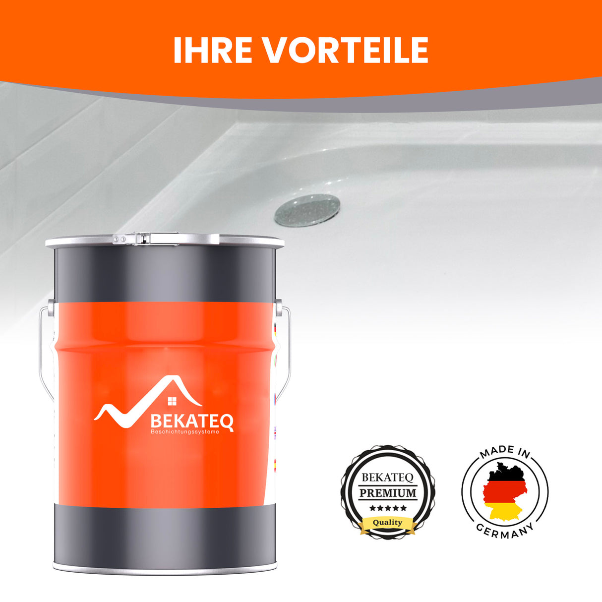 Farbeimer, Badewanne, Logos, Text, Siegel.