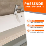 Waschbecken mit Produktinformationen daneben.