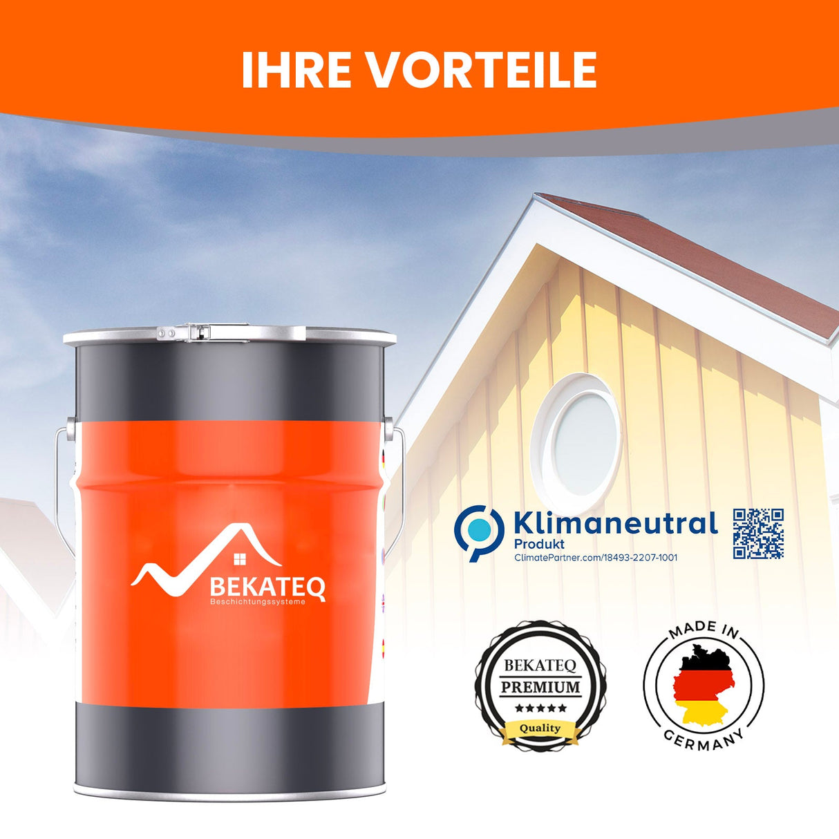 Farbkanister vor Haus und Himmel.