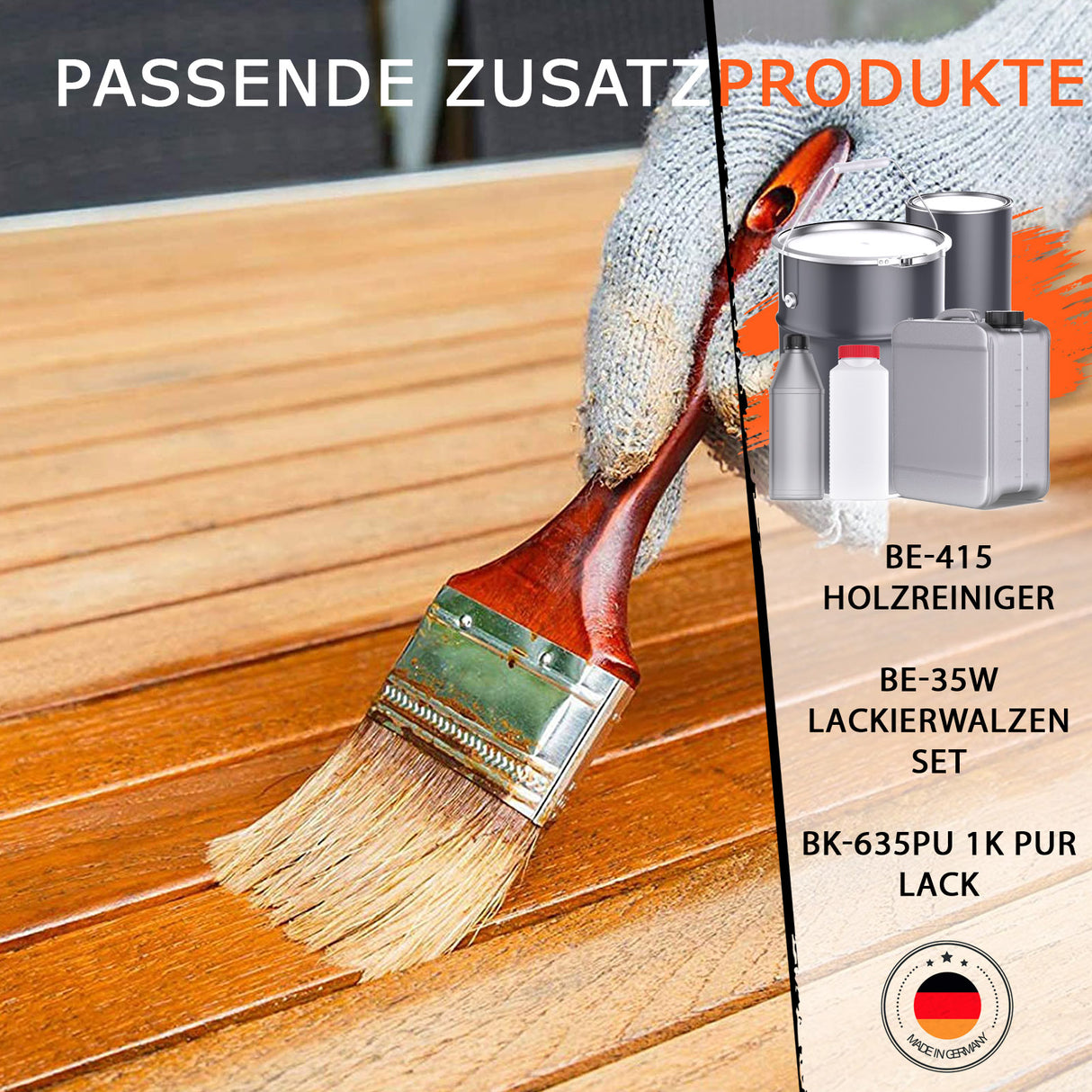 Pinsel streicht Holz mit Lack.