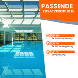 Innenpool mit Glasdach und Text.