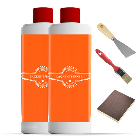 Lackentferner, Spachtel, Pinsel, Schleifpapier.