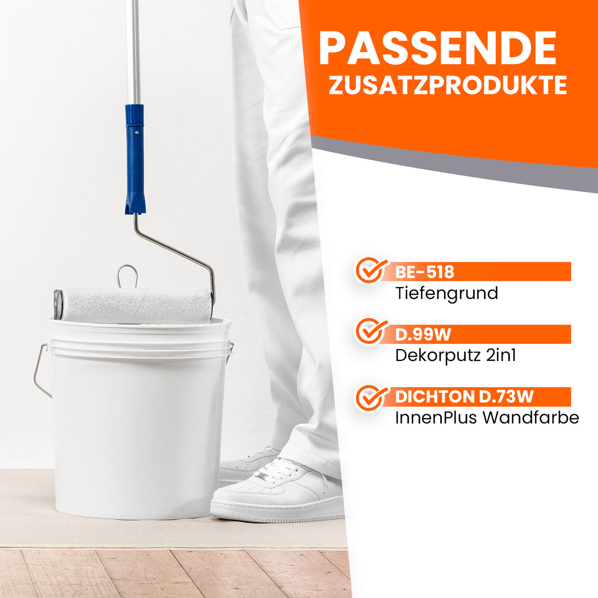 Farbeimer, Farbroller, Person, Text, Liste.