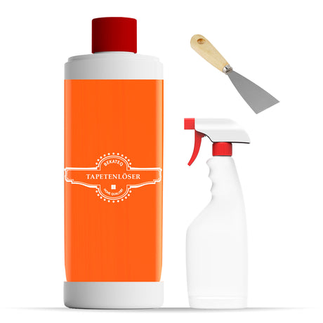 Tapetenlöser, Sprühflasche, Spachtel.