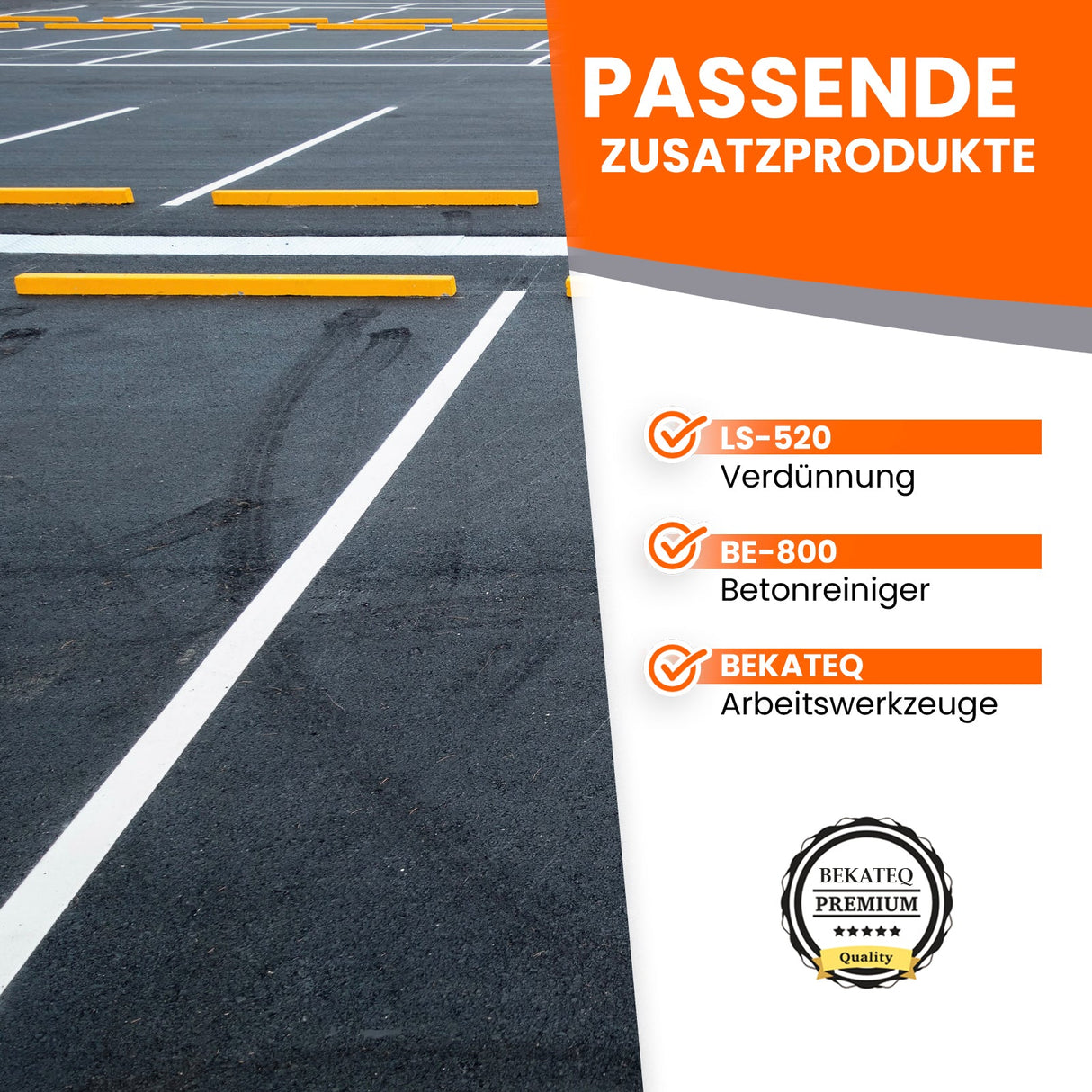 Parkplatzmarkierungen und Produktinformationen.