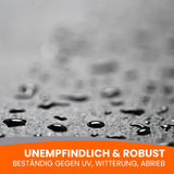 Wassertropfen auf grauer Oberfläche.