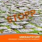 Pflastersteine mit Unkraut, Aufschrift "STOPP", Produktname "UNKRAUTSTOPP".