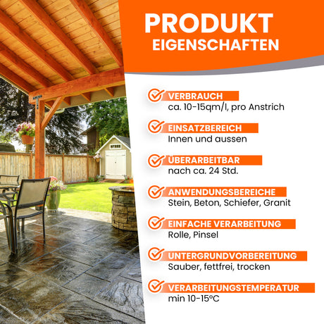 Terrasse mit Produkteigenschaften-Text.