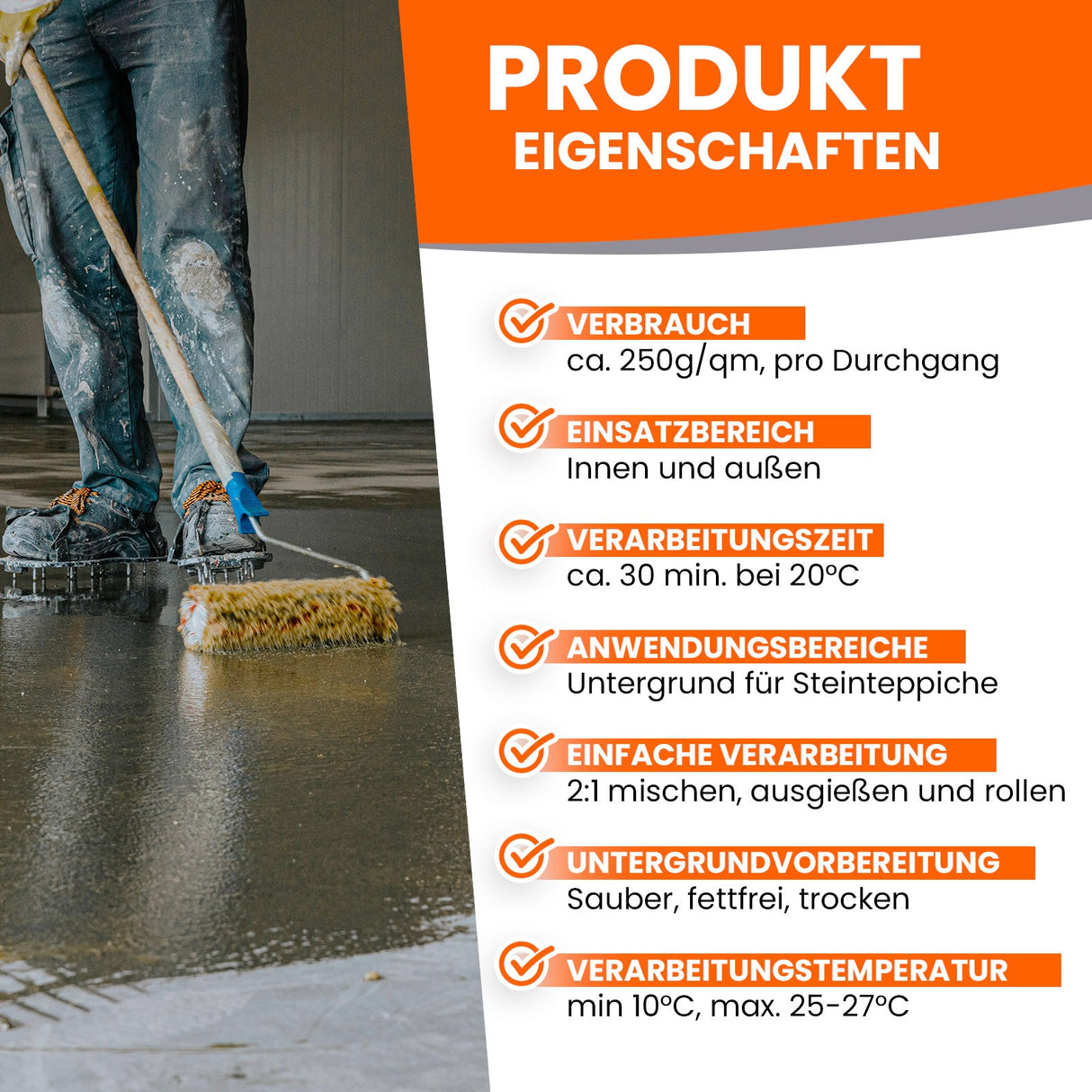 Person beschichtet Boden mit Rolle.