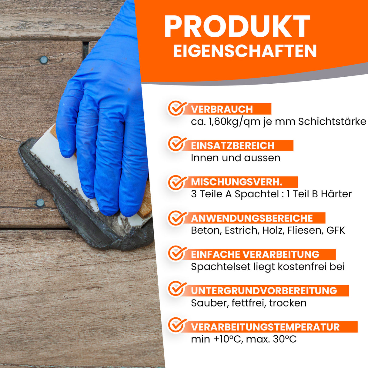 Hand hält Spachtel, Produkteigenschaften-Text.