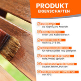 Pinsel streicht Holz mit Text.