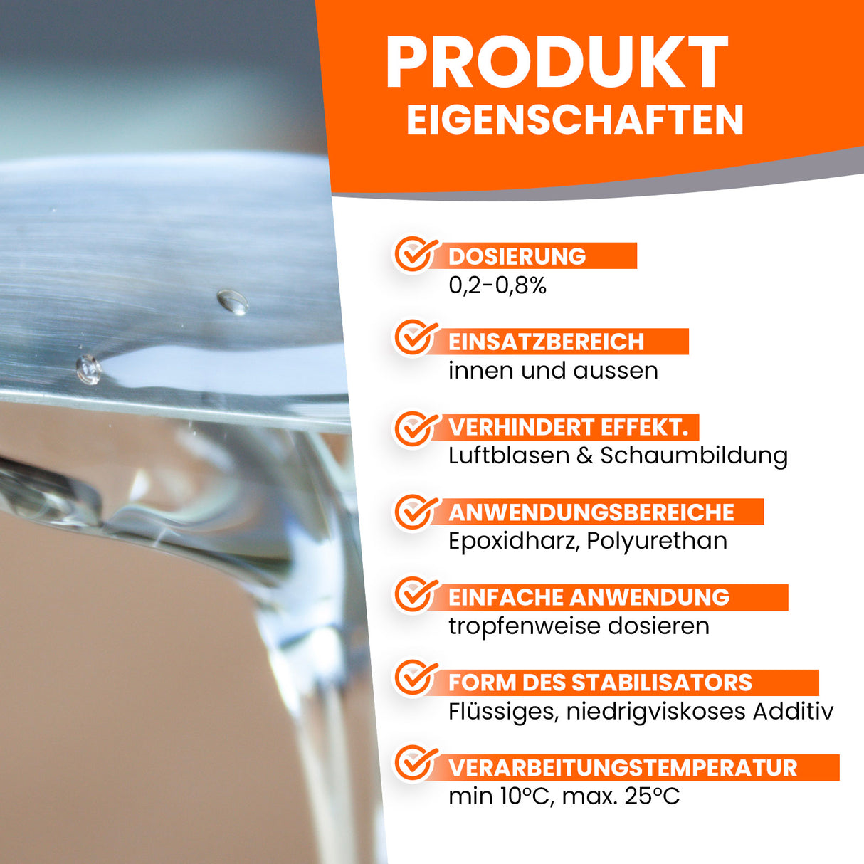 Produktbeschreibung für Malerbedarf mit Dosierung und Anwendungshinweisen.