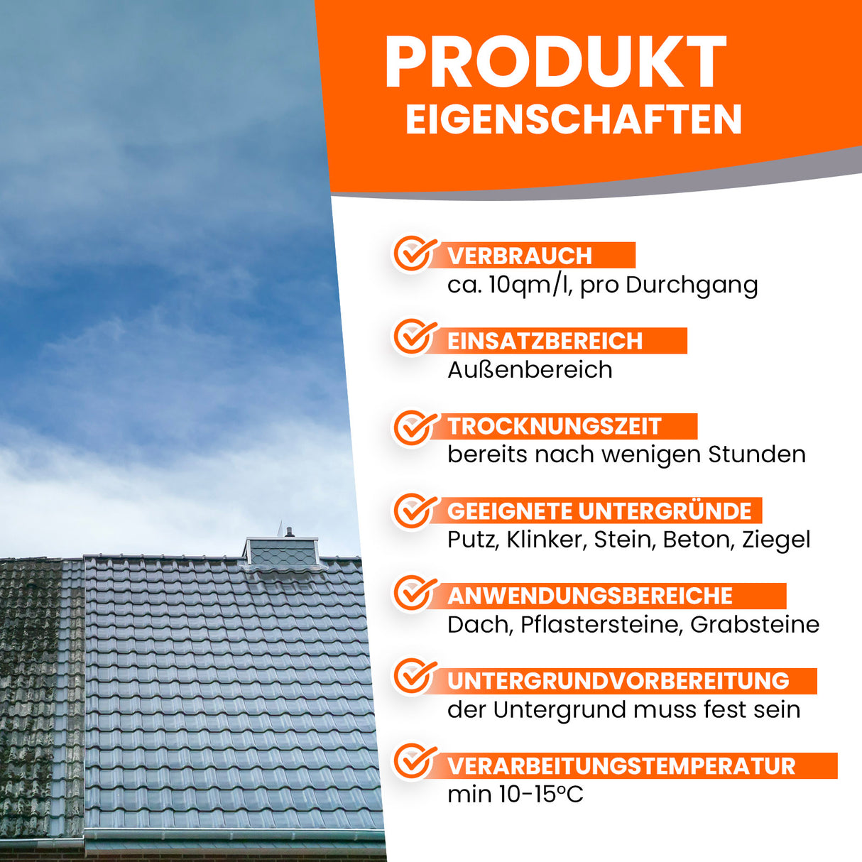 Dach mit Produkteigenschaften-Text.