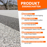 Steinteppich mit Produkteigenschaften-Text.