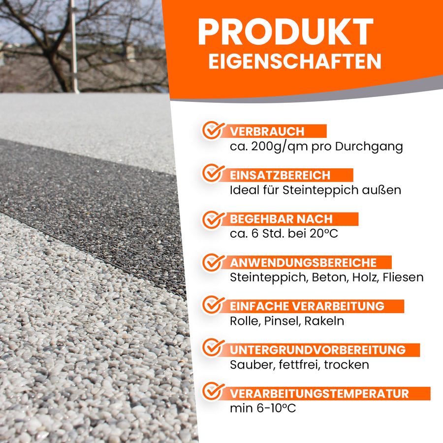 Steinteppich mit Produkteigenschaften-Text.