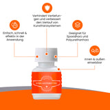 Flasche mit Verlaufsmittel und Informationen.