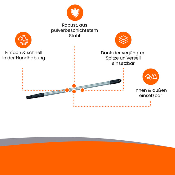 Teleskopstange mit Anwendungshinweisen.