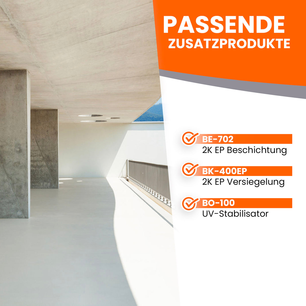 Moderner Raum mit Produktinformationen.