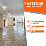 Raum mit Fliesen und Produktliste.