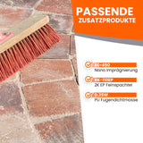 Besen auf Ziegelboden mit Text über passende Zusatzprodukte.