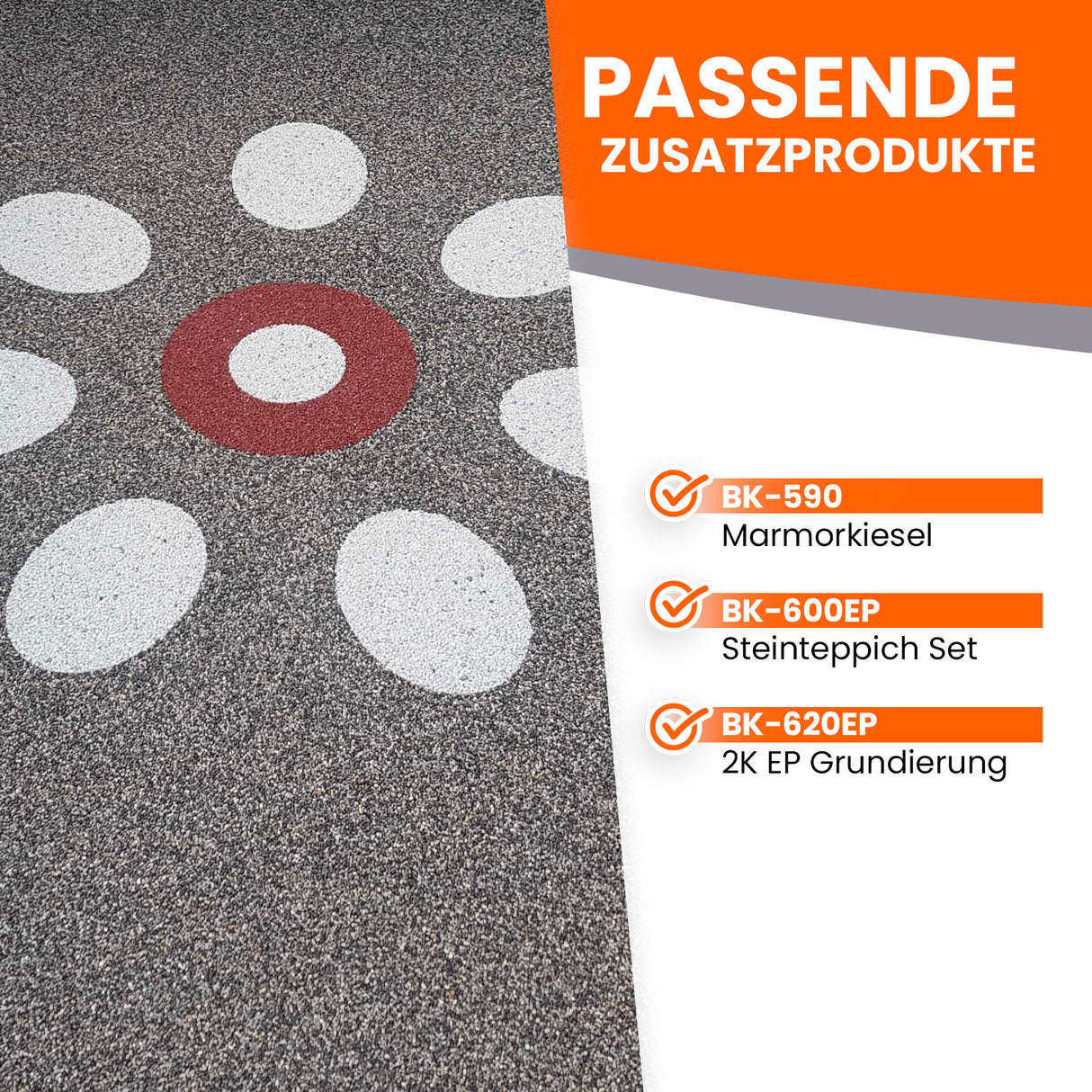 Steinteppich mit Zusatzprodukte-Informationen.