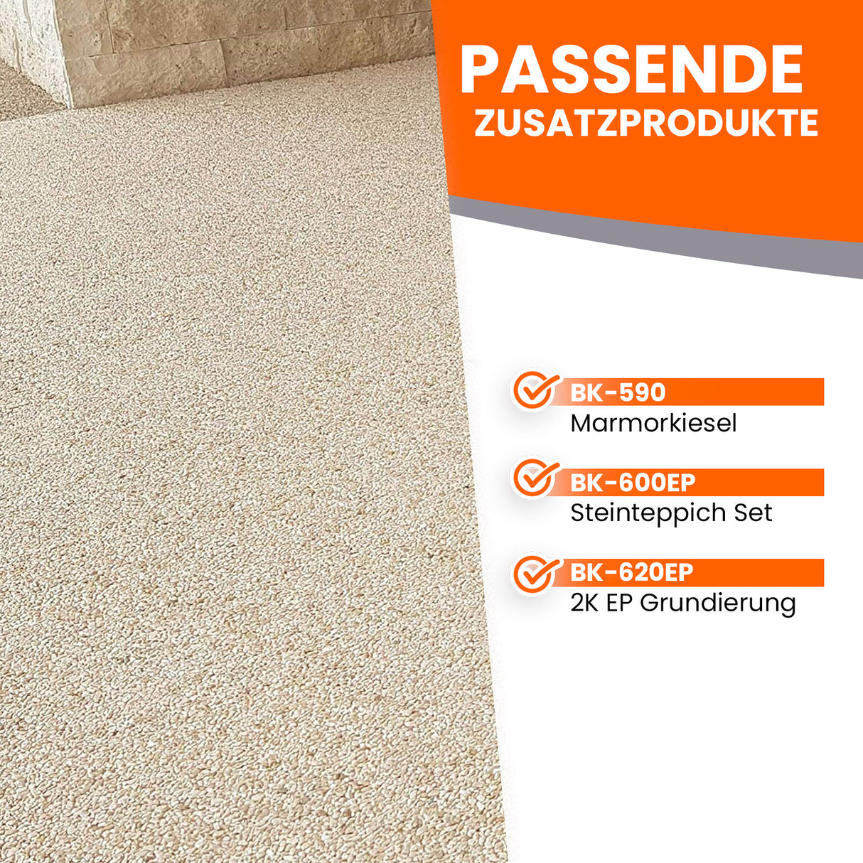 Steinteppich mit Produktinformationen.