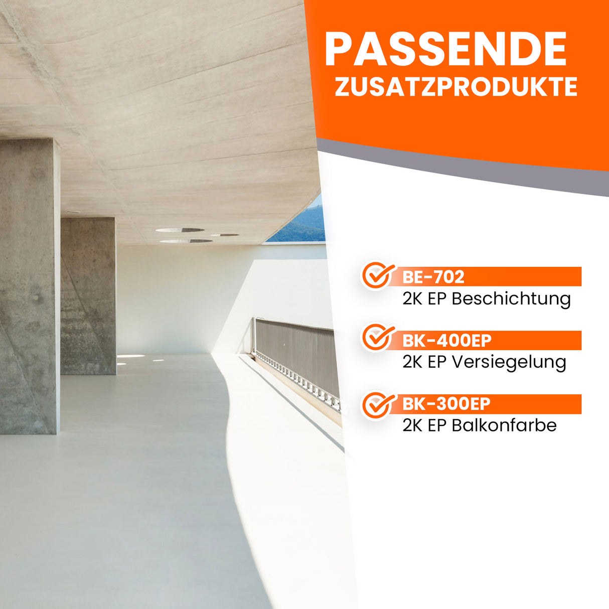 Moderner Raum mit Produktinformationen.