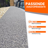 Gepflasterter Weg mit Produktliste.