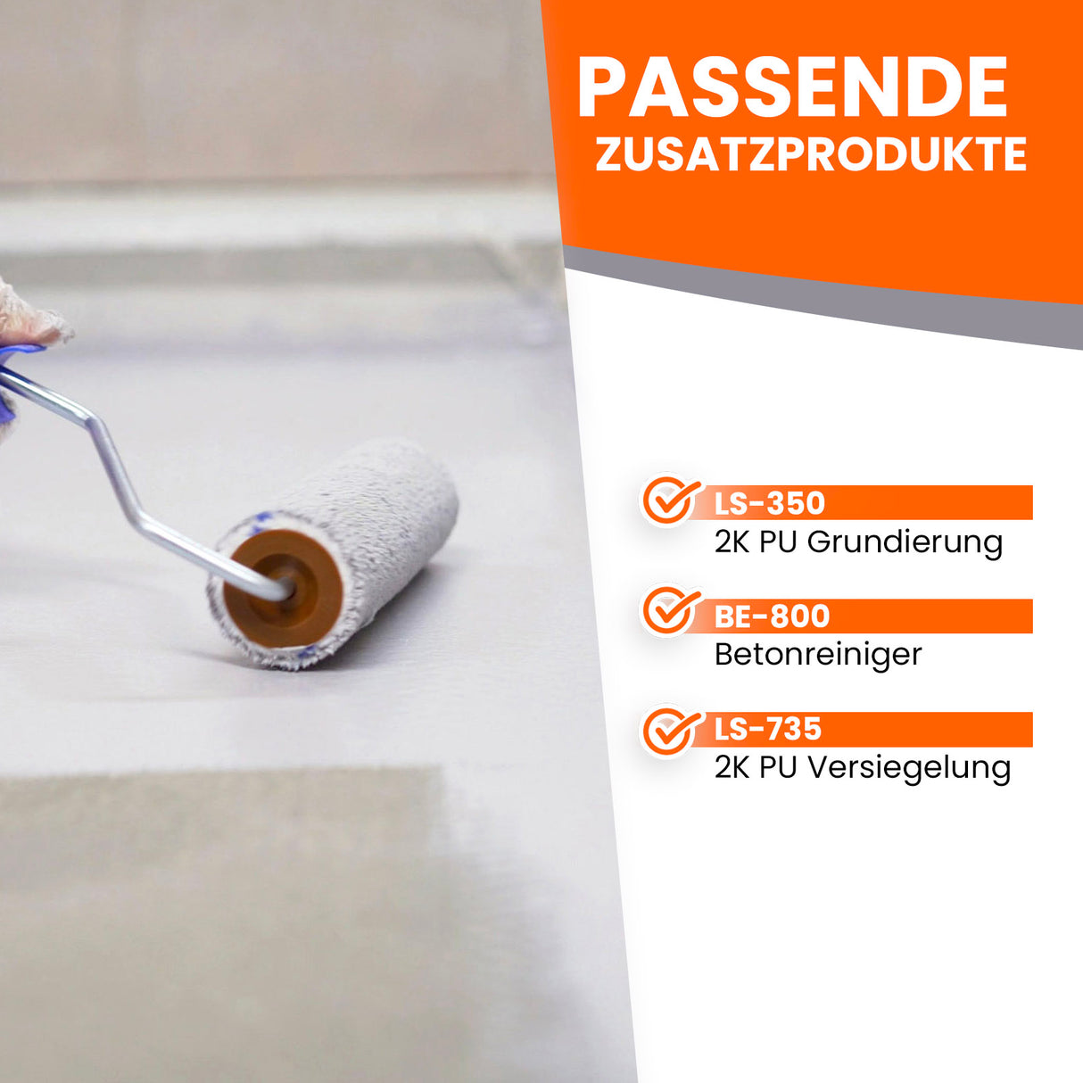 Farbrolle auf Betonoberfläche, Text.